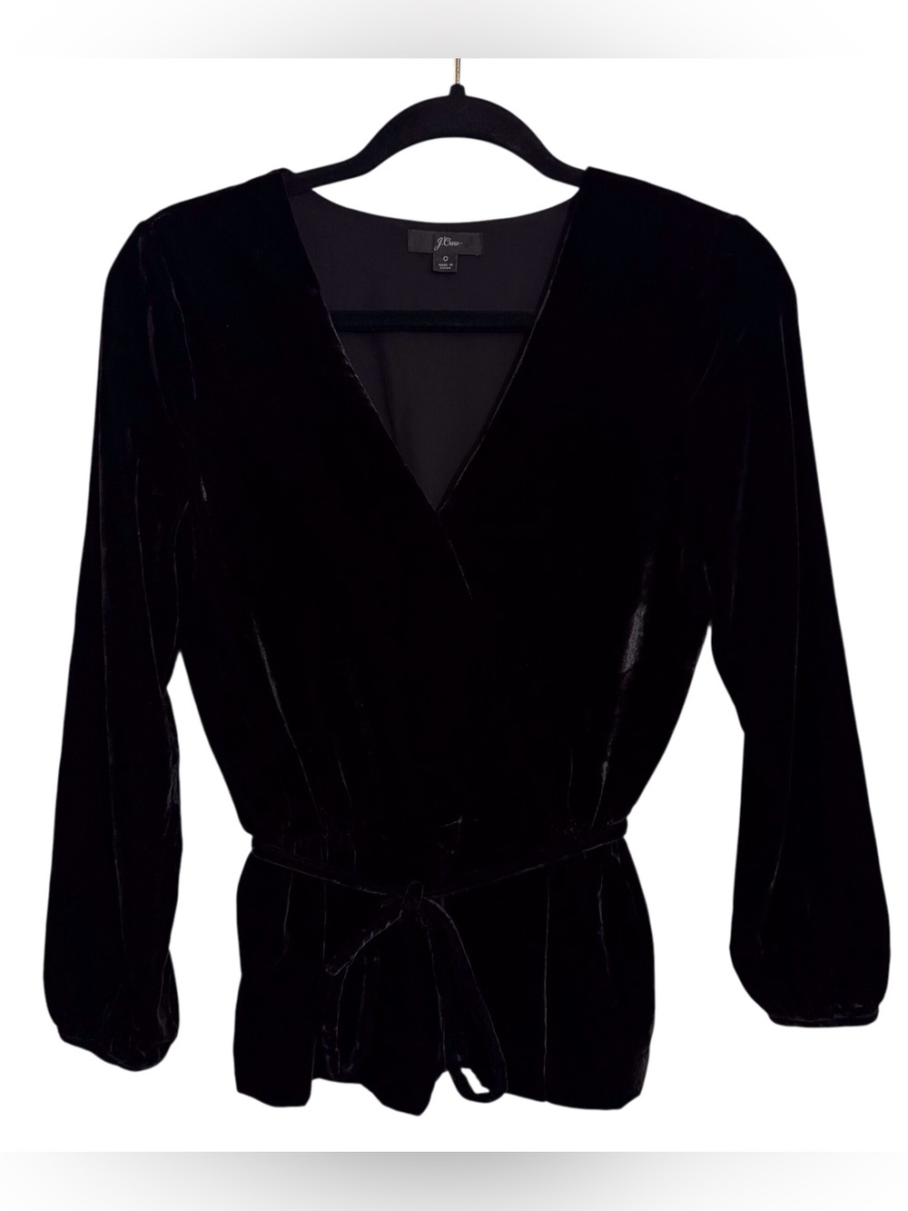 J. Crew Size 0 Black Long Sleeve V-Neck Velvet Blouse Top Side Tie Belted